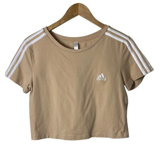 Adidas Tan 3-Stripe Logo Short Sleeve Cropped T-shirt Women's Large - Picture 1 of 8